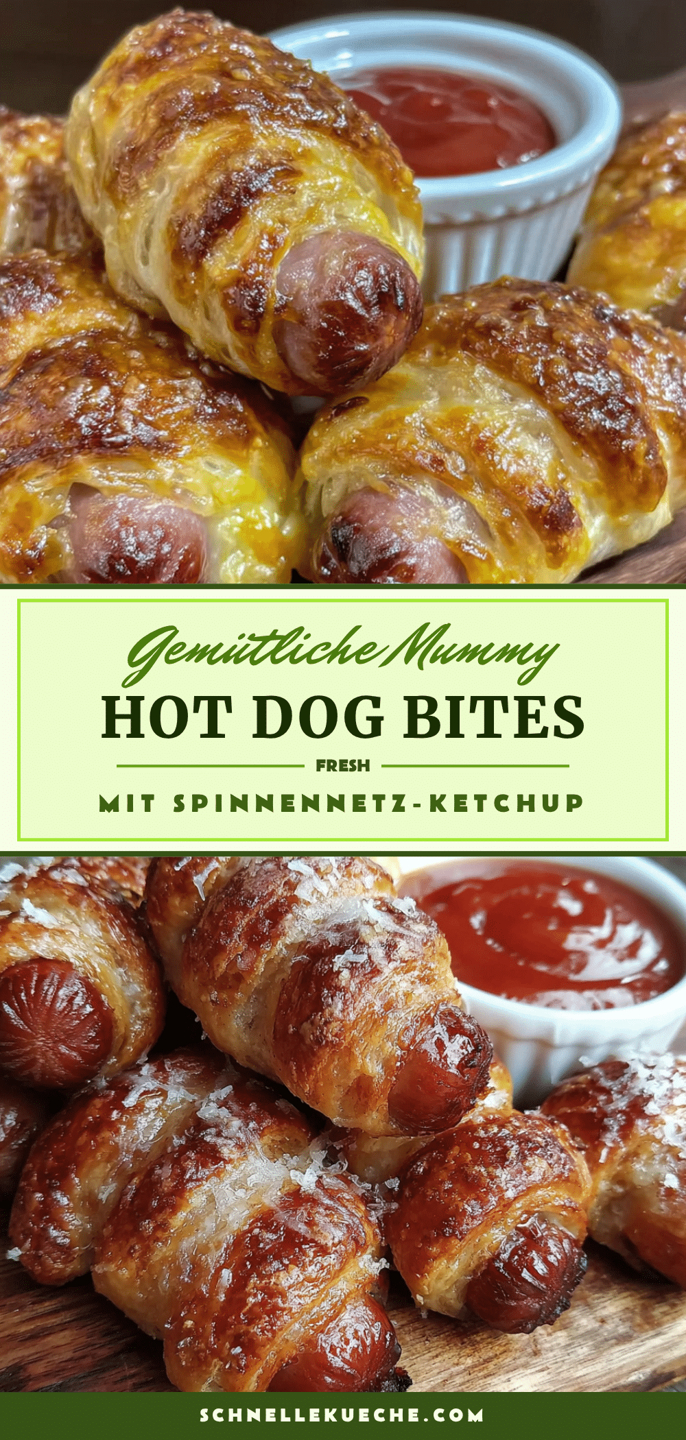 Mummy Hot Dog Bites mit Spinnennetz-Ketchup recipe